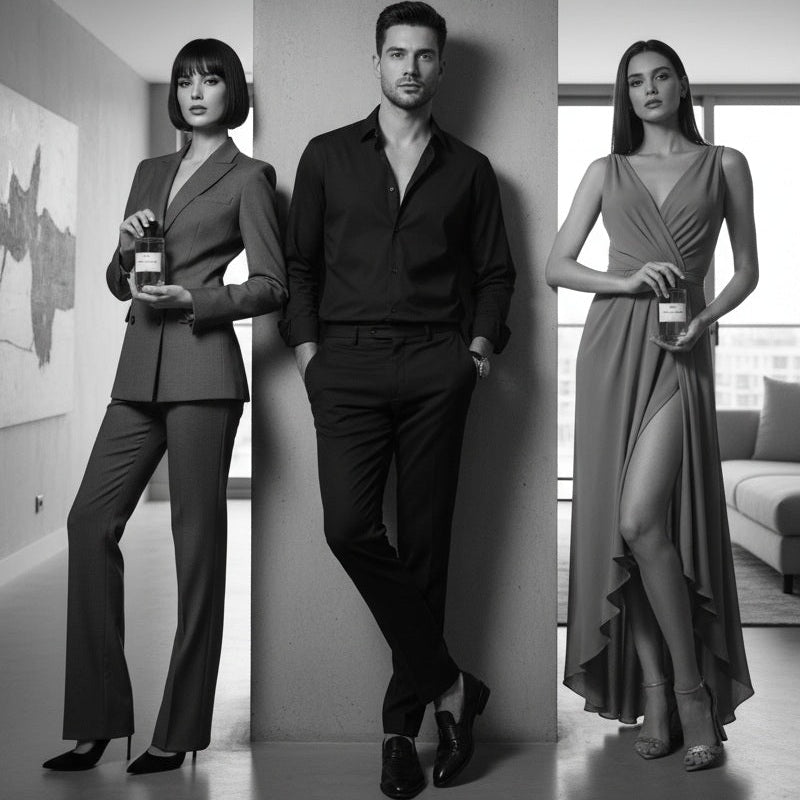 Three people in formal attire holding bottles, with 'Fragrance Collection' text at the bottom.