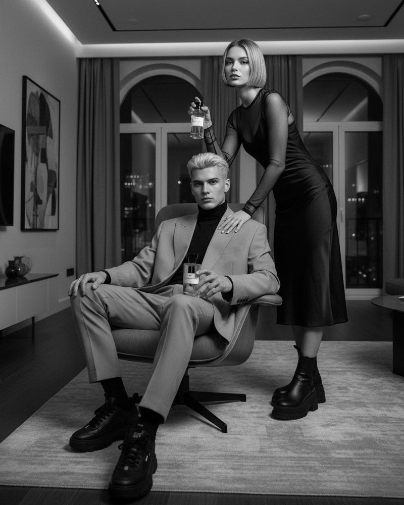 Man sitting in a chair with a woman standing behind him in a stylish room.